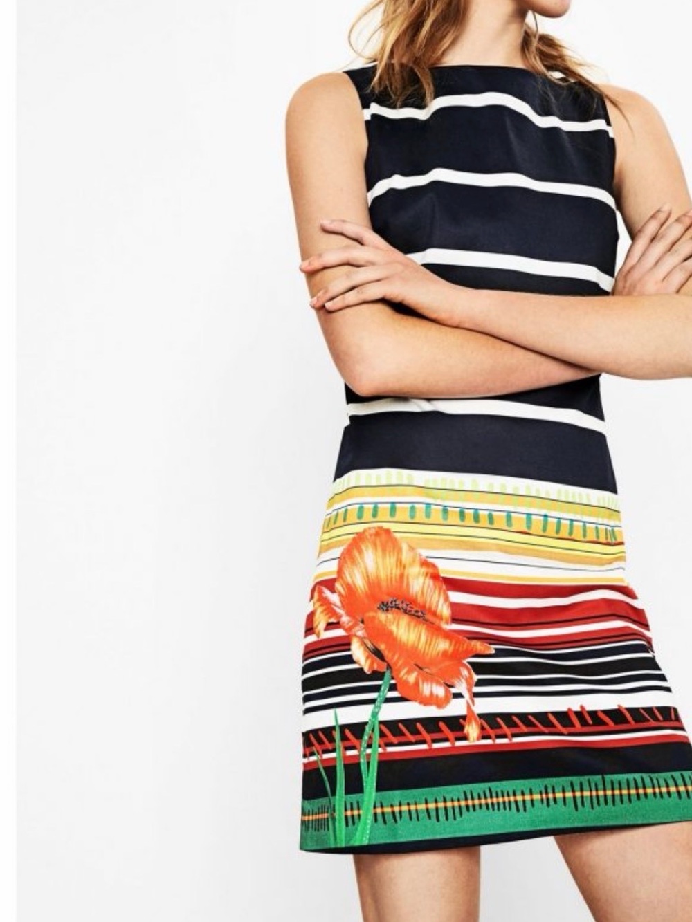 NWT Desigual Ari Shift Dress Striped Floral Poppy Navy Blue White Size 42